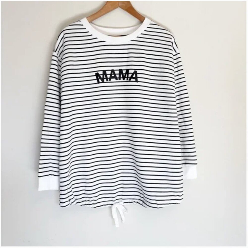 Isabel Maternity “Mama” Spellout Striped Sweatshirt – Black & White, Long Sleeve